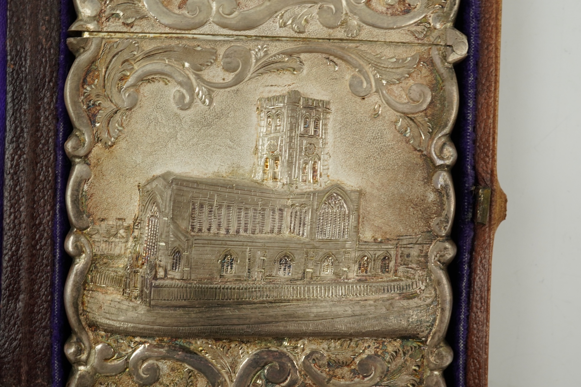 A Victorian silver 'castle top' card case by Hilliard & Thomason?